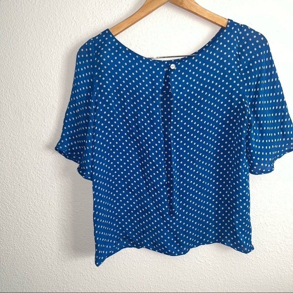 Corey Lynn Calter Anthropologie blue and white polka dot silk shirt open back - Picture 4 of 8